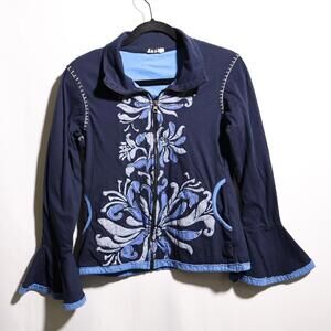 Jayli Blue Jacket Bell Sleeve Floral Embroidered Womens M Cotton Hippie Boho Zip
